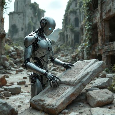 Primary subject: A robot holding a large stone tablet.

Setting/background: An old, ruined city with crumbling buildings and a stone tablet.

Visual style: Digital art.

Colors and mood: The image is in black and white, giving it a classic and nostalgic feel.